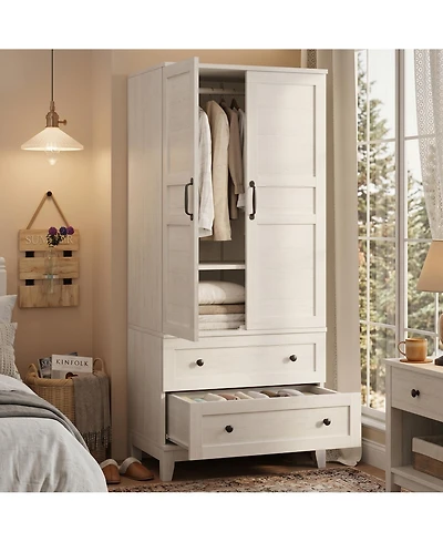 homfan Armoire with 2 Drawers,72" Wooden Cabinet with Hanging Rod, Tall Clothing Unit with Doors and 18 Adjustable Shelves for Bedroom