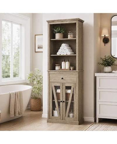 homfan Tall Mid-Century Pantry Cabinet with Open Shelves, Drawer and Glass Door Cabinet, Barn Door Design, Engineered Wood, Slim Space-Saving Storage