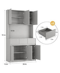 homfan Tall Kitchen Pantry Cabinet with Led Lights and Power Outlets – Adjustable Shelves, Handless Doors, Microwave Stand, Storage Hutch