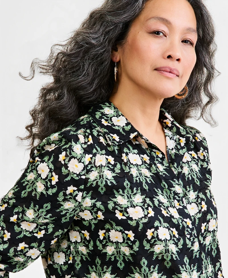 Style & Co Petite Printed Collared Neck Cotton Top, Macy's Exclusive