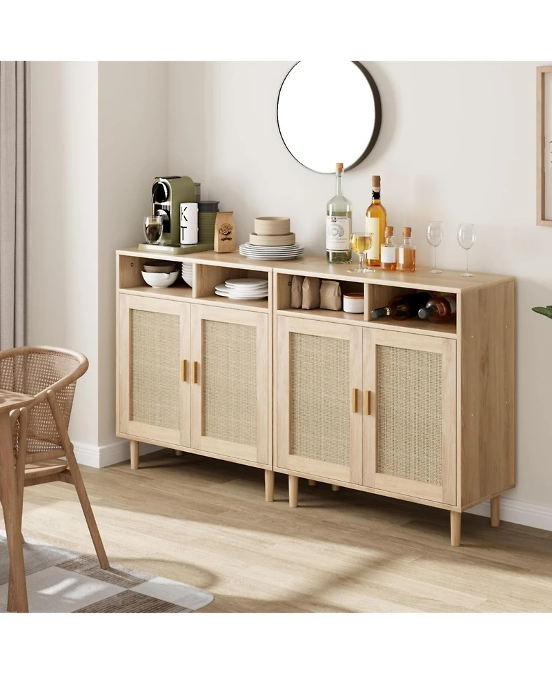 homfan 2-Pack Boho Rattan Coffee Table and Buffet Cabinet Set, 2-Door with Open Shelf, Adjustable Multi-Purpose Console for Home Spaces