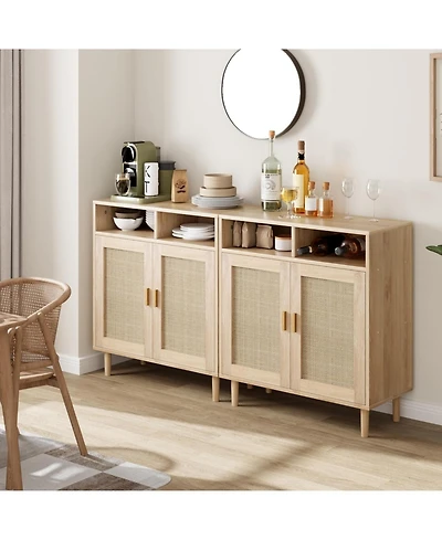 homfan 2-Pack Boho Rattan Coffee Table and Buffet Cabinet Set, 2-Door with Open Shelf, Adjustable Multi-Purpose Console for Home Spaces