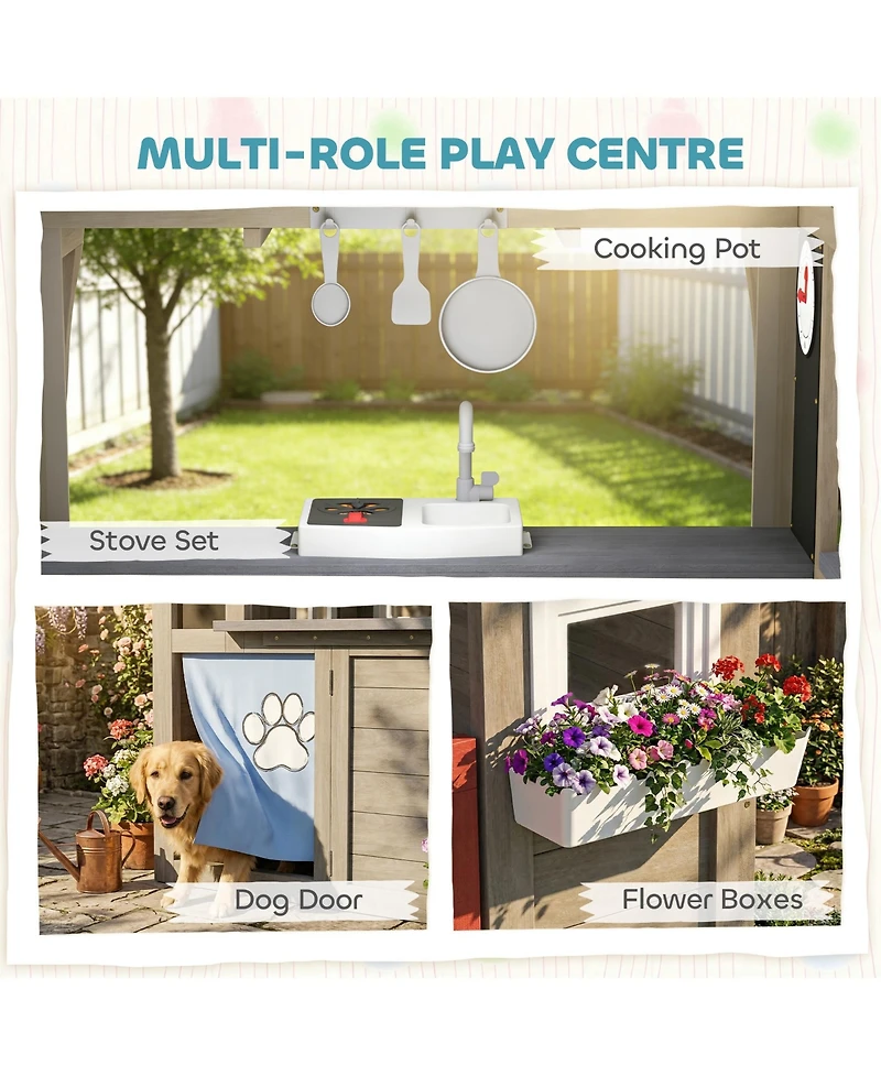 Qaba Outdoor Playhouse with Dog Door, Flower Box, Cookware for Backyard