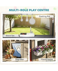 Qaba Outdoor Playhouse with Dog Door, Flower Box, Cookware for Backyard