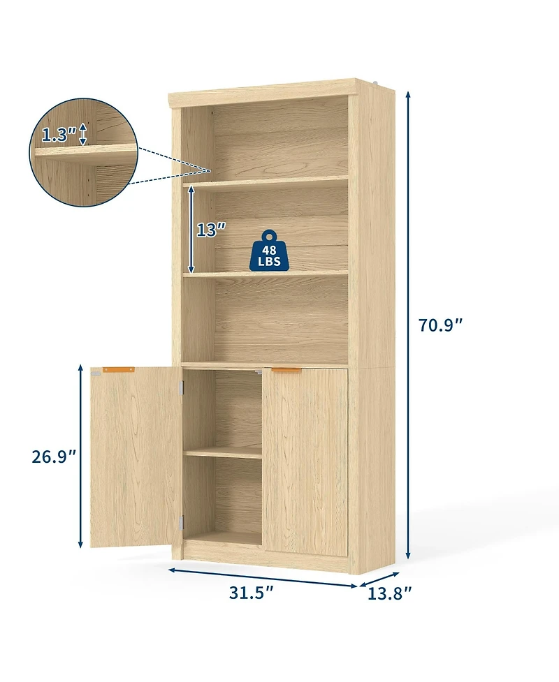 homfan 2 Set of Modern Tall Wooden Bookcase with 5 Adjustable Compartments and Doors, Freestanding Shelf with Ample Storage for Home Office