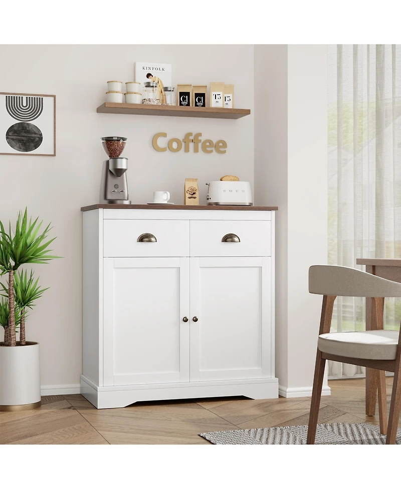 homfan Farmhouse Buffet Cabinet with Storage, Kitchen Sideboard with 2 Doors and 2 Drawers, Wooden Coffee Bar Cabinet with Shelves for Dining Room