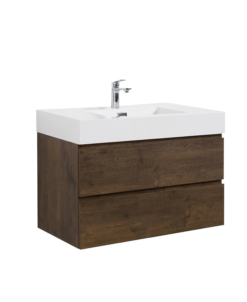Sillysis Walnut Floating Bathroom Vanity with Double Soft Close Drawers, Handle-Free Design and Large Storage for Modern Bathrooms