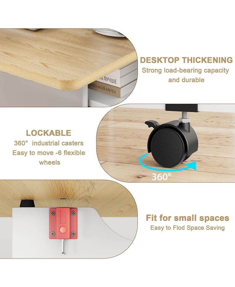 homfan Folding Drop Leaf Table, 2-Tier Storage Shelf with Lockable Casters, Heavy Duty Multi-use Home Dining and Writing Desk
