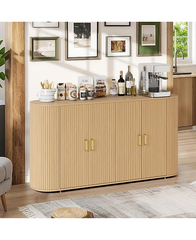 homfan Modern Large Storage Sideboard Buffet Cabinet, Curved Wooden Design, 4 Fold Doors, Console for Dining Room, Kitchen, Living Room