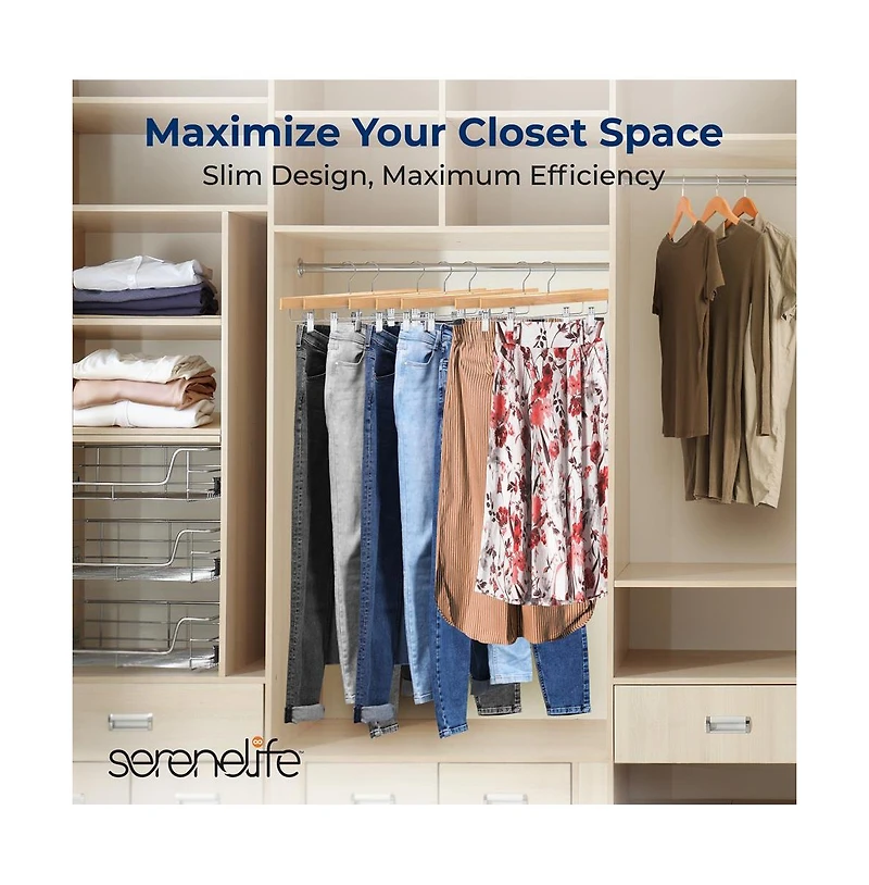 SereneLife 30 Pcs. Premium Wooden Pants Hangers - Heavy Duty Hanger Set with Chrome 360degree(s) Swivel Hook