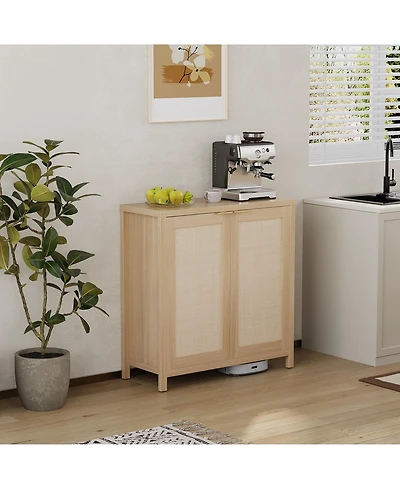 homfan Modern Rattan Storage Cabinet, 2 Doors, Adjustable Shelves, Hidden Gold Handles, Freestanding Entryway Sideboard for Kitchen, Dining Room