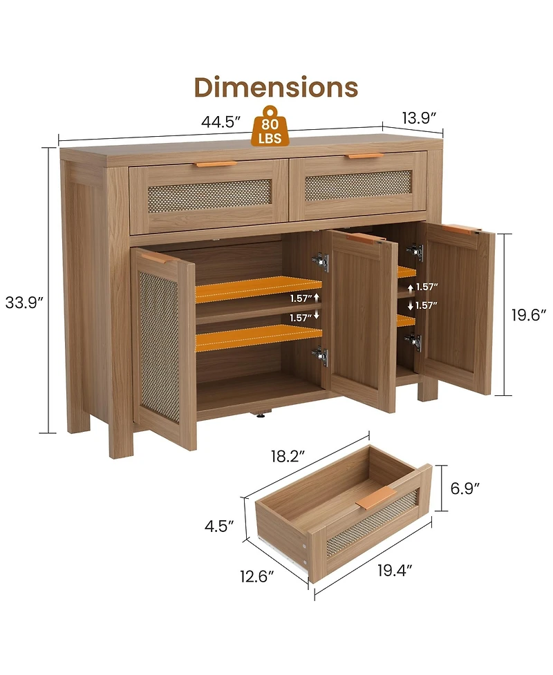 homfan Rattan Buffet Sideboard Cabinet, Coffee Bar Cabinet with 3 Drawers, Boho Kitchen Accent Storage for Dining Room, Living Entryway