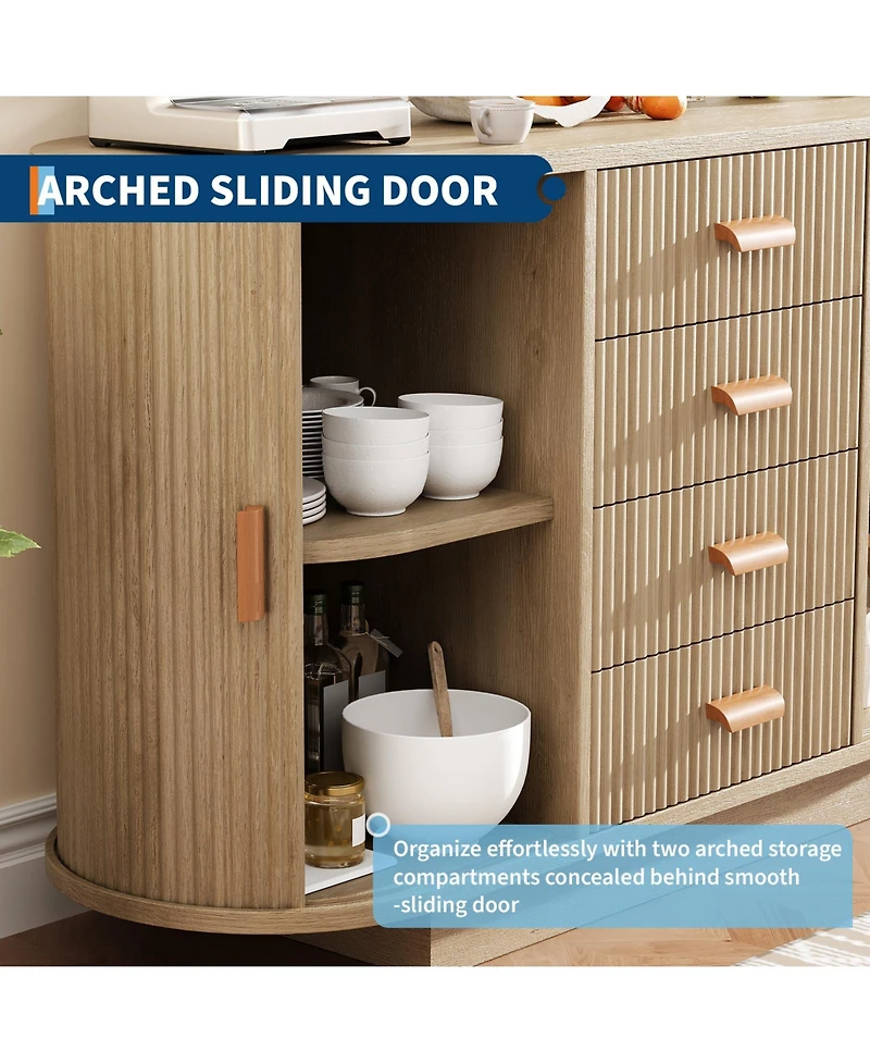 homfan Fluted Sideboard Cabinet with 4 Drawers and 2 Arched Sliding Doors, Multi-Functional Storage Console for Dining and Living Room