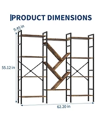 homfan Triple-Wide Tree-Shaped Open Bookshelf, Carbon Steel Frame Rustic Storage Display Rack, Easy Assembly Multi-Purpose Home Office Organizer