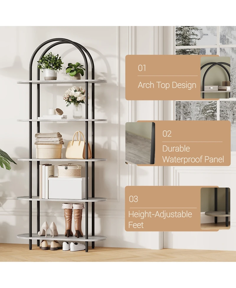 homfan Arched Bookshelf with 5-Tier Shelves, Industrial Open Bookcase for Living Room Home Office