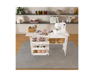 Yobtop Folding Sewing Table for Diy 4-in-1 Craft Station with Lockable Wheels, End Table and Computer Desk, Kitchen Storage Shelves