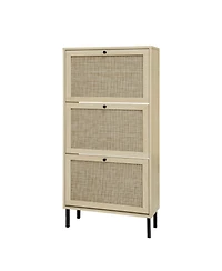 Rainsken Rattan 3 Door Shoe Rack, Freestanding Shoe Storage Cabinet with Metal Base and Anti-Slip Feet, Anti-Tipping Design for Entryway