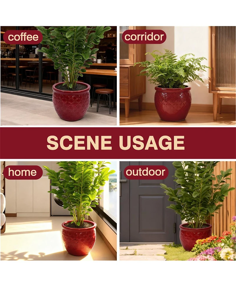 Yobtop Handmade Ceramic Flower Pot Set of 3 - 15/12/10 Inch, Floral Embossed, Indoor/Outdoor, Breathable Clay