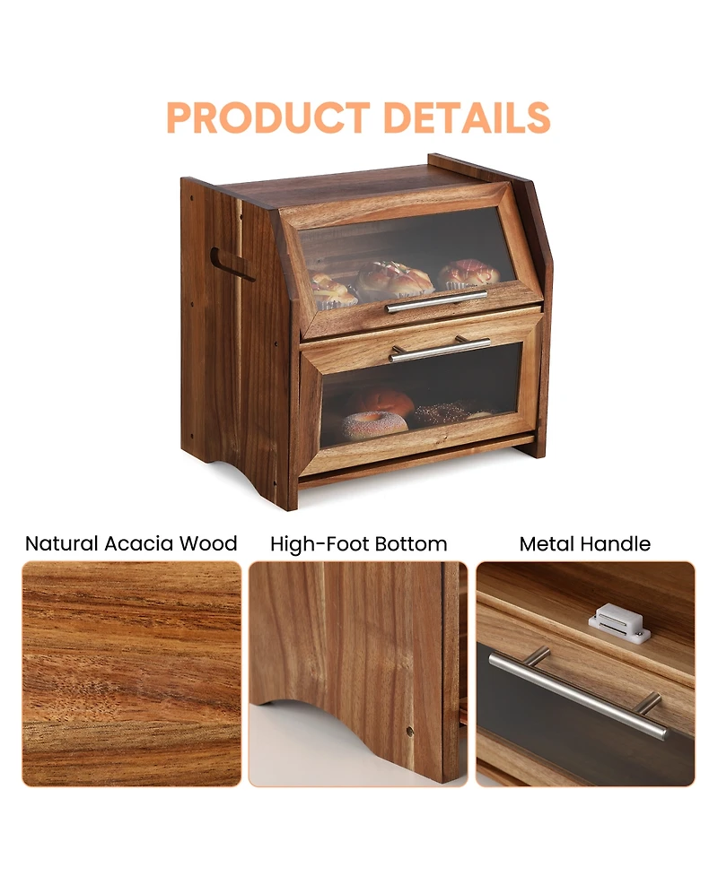 homfan Acacia Wood Bread Box with Sliding Lid, Kitchen Countertop Food Storage Container for Bread Pastry