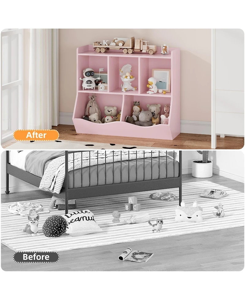homfan 2-Pack Toy Storage Organizer Cabinet with Non-Woven Drawers, Kids Bookshelf and Shelf Unit for Playroom, Engineered Wood