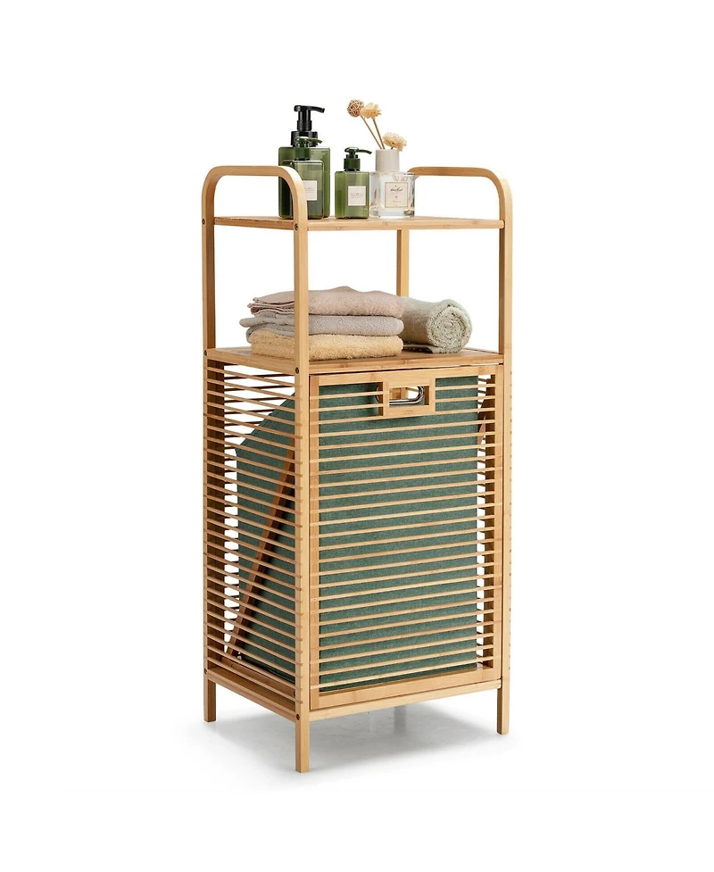 sumyeg Tilt-Out Bamboo Laundry Hamper with 2-Tier Shelf and Removable Liner