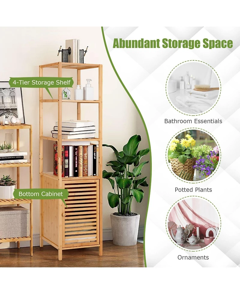 sumyeg 4-Tier Slim Bamboo Floor Storage Cabinet with Shutter Door and Anti-Tip Kit