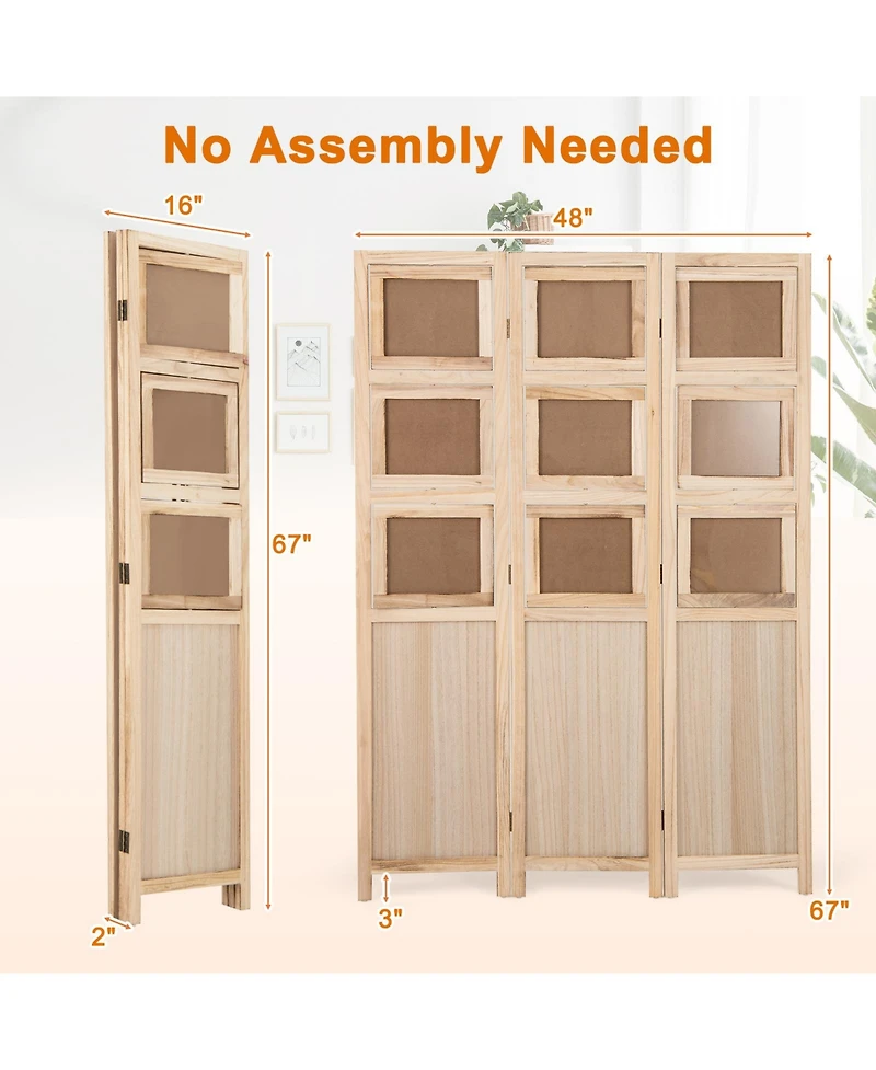 sumyeg 3-Panel Folding Privacy Screen with Swivel Paulownia Wood Photo Frames