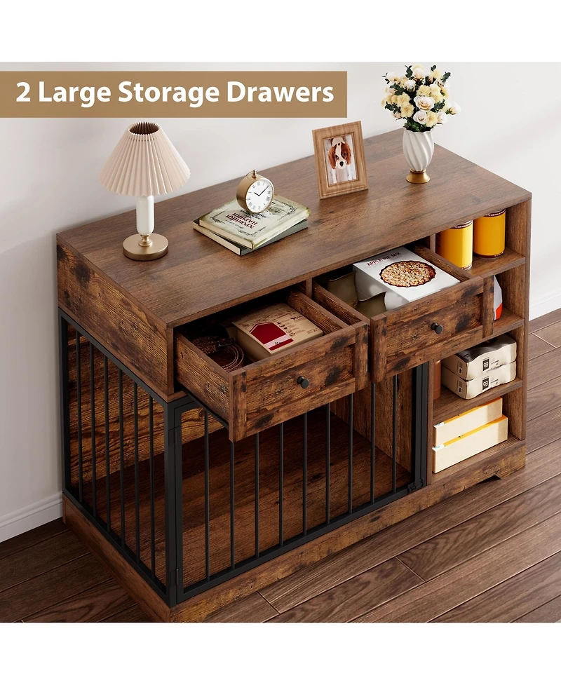 homfan Furniture-Style Dog Crate End Table or Tv Stand, Engineered Wood and Reinforced Iron Bar Pet Cage with Storage, Easy Assembly