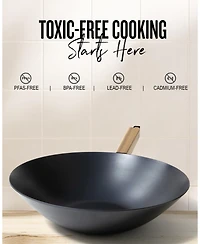 Alva Forest 12” Carbon Steel Wok Pan - Stay-Cool Acacia Handle