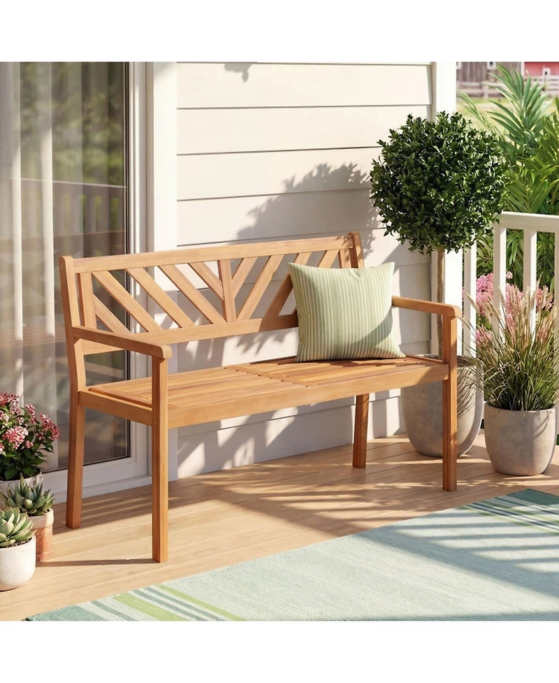 Gouun 2-Person Acacia Wood Patio Bench with Armrests and Backrest