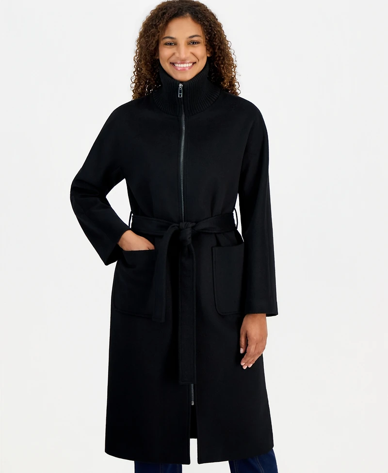 Calvin Klein Women's Belted Knit-Collar Textured Coat