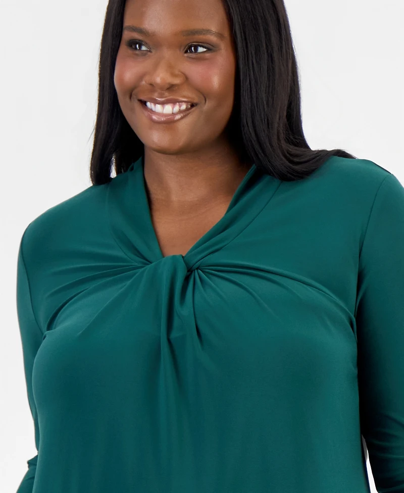 Kasper Plus Knot-Front 3/4-Sleeve Blouse