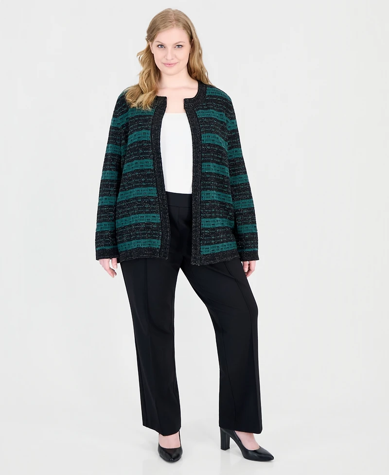 Kasper Plus Size Open-Front Textured-Stitch Cotton-Blend Cardigan