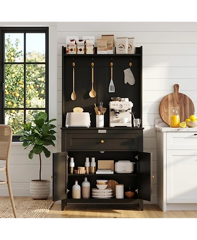 homfan Pantry Storage Cabinet with Built Outlets and Usb Ports, Adjustable Shelving, Drawer Hooks Durable Kitchen Coffee Bar Organizer