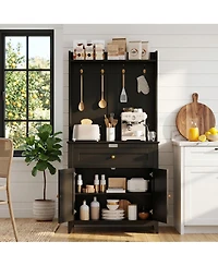 homfan Pantry Storage Cabinet with Built Outlets and Usb Ports, Adjustable Shelving, Drawer Hooks Durable Kitchen Coffee Bar Organizer