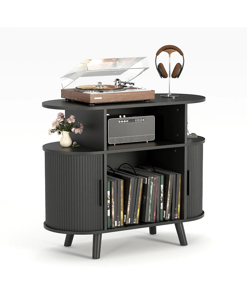 homfan Mid-Century Fluted Turntable Cabinet, 35 Inch Arched Record Player Stand with Charging Station and Display Shelf