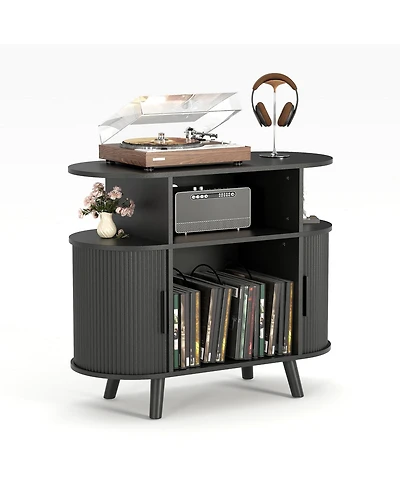 homfan Mid-Century Fluted Turntable Cabinet, 35 Inch Arched Record Player Stand with Charging Station and Display Shelf