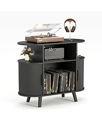 homfan Mid-Century Fluted Turntable Cabinet, 35 Inch Arched Record Player Stand with Charging Station and Display Shelf