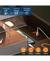 homfan Record Player Stand with Led Lights, Charging Station and Sliding Door, Holds Up to 350 Vinyl Albums