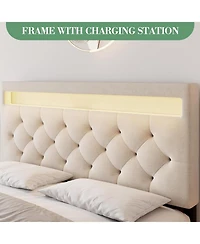 homfan Modern Upholstered Queen Bed Frame with Led Light, Low Profile Platform Bed, Adjustable Button Tufted Headboard and Wood Slat Support