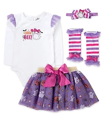 Baby Essentials Girls' Little Boo Bodysuit, Skirts, Leg Warmers and Headband, 4-Piece Set