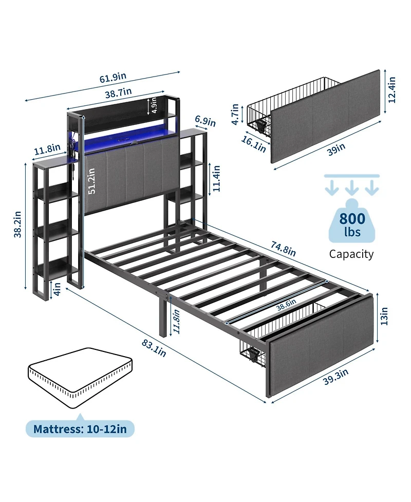 homfan Twin Upholstered Bed Frame with Hidden Headboard Storage, Led Lights, Charging Station, Side Shelves and Footboard Storage