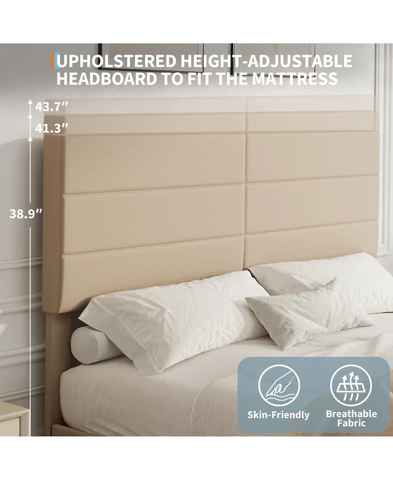 homfan Queen Size Bed Frame with Adjustable Headboard, Upholstered Platform Bed with Wood Slat Support, No Box Spring Needed