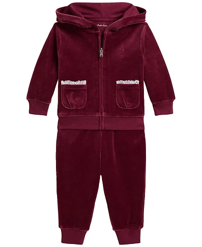 Polo Ralph Lauren Baby Girls' Lace Trim Velour Hoodie and Jogger Pants, 2-Piece Set