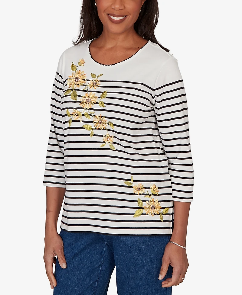 Alfred Dunner Petite Sunflower Stripe Knit Top