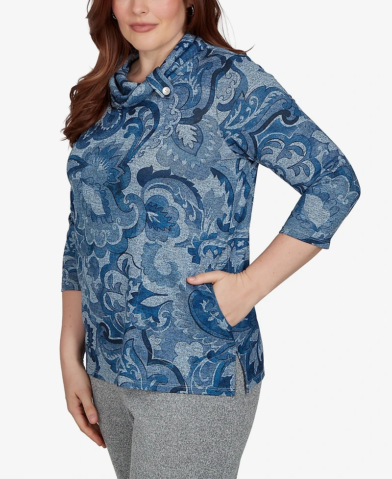 Alfred Dunner Petite Paisley Scroll Cowl Neck Pocket Top