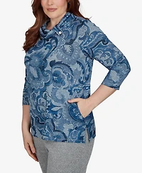 Alfred Dunner Petite Paisley Scroll Cowl Neck Pocket Top