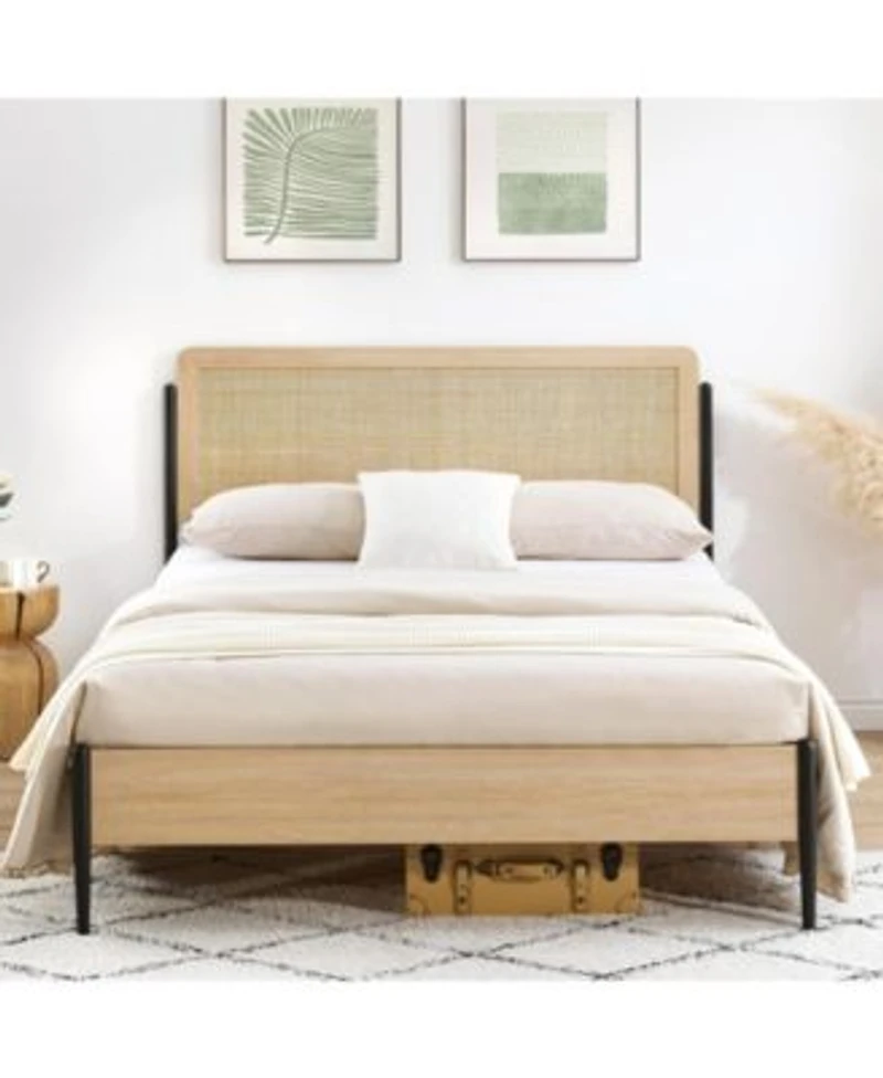 Homfan Boho Modern Platform Bed Frame With Rattan Headboard Sturdy Metal Slats Wood Footboard Underbed Storage Noise Free No Box Spring Needed