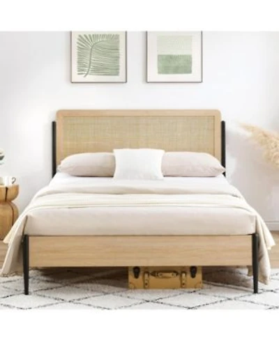 Homfan Boho Modern Platform Bed Frame With Rattan Headboard Sturdy Metal Slats Wood Footboard Underbed Storage Noise Free No Box Spring Needed