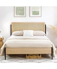 Homfan Boho Modern Platform Bed Frame With Rattan Headboard Sturdy Metal Slats Wood Footboard Underbed Storage Noise Free No Box Spring Needed